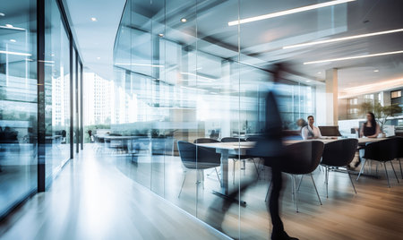 Abstract blurred interior shot of a modern office building with motion blur of business peopleの素材