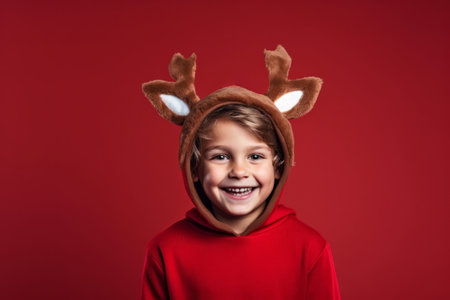 A young happy child wearing a festive reindeer costume for Christmas holiday celebrationの素材
