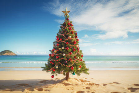 A decorated christmas tree on a tropical beach. Seasonal festive winter travel vacationの素材