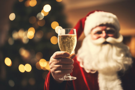 Father Christmas holding a glass of champagne on Christmas eve. Festive cheersの素材