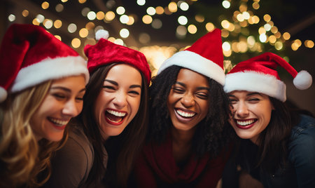 A group portrait of friends celebrating Christmas outdoors festive lightsの素材