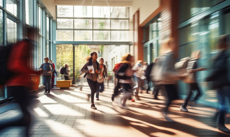 School pupils rushing through the corridors of a modern school, motion blurの素材
