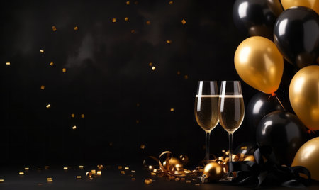 Happy new year background with balloons and glasses of champagneの素材