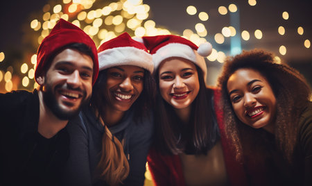 A group portrait of friends celebrating Christmas outdoors festive lightsの素材