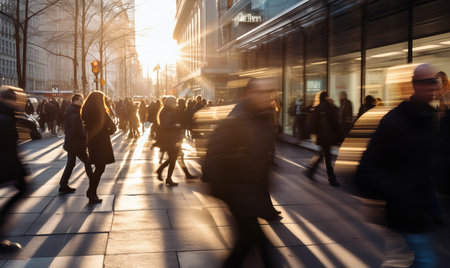 A busy city street in rush hour with commuters passing by. Long exposure motion blur urban sceneの素材