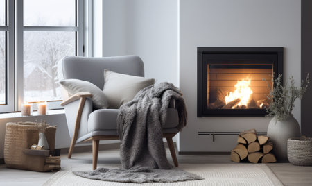 Scandinavian style home interior design with comfortable arm chair and fireplaceの素材
