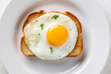 a fresh fried egg with bright yellow yolk on a slice of toastの素材