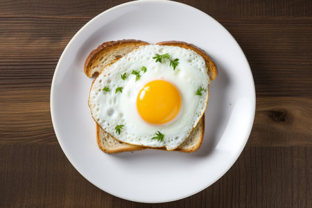 a fresh fried egg with bright yellow yolk on a slice of toastの素材