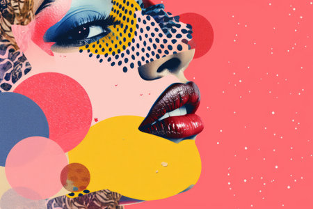 Modern abstract portrait of a beautiful woman with bright colours and graphic shapes and linesの素材