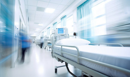 A hospital bed in the corridor of a busy hospital with people walking pastの素材