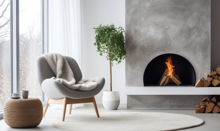 Scandinavian style home interior design with comfortable arm chair and fireplaceの素材