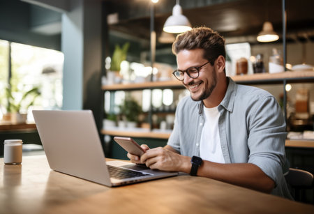 Happy adult professional business executive working at desk using laptop in a modern officeの素材