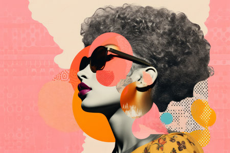 Modern abstract portrait of a beautiful woman with bright colours and graphic shapes and linesの素材