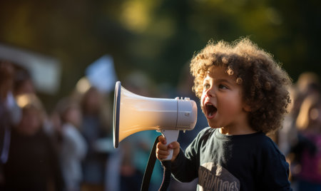 A young child with a loud speaker megaphone at a political protestの素材