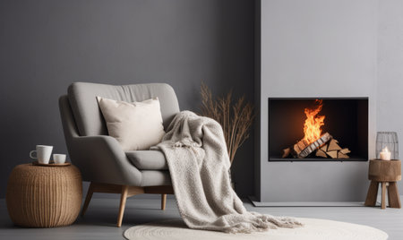 Scandinavian style home interior design with comfortable arm chair and fireplaceの素材