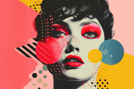 Modern abstract portrait of a beautiful woman with bright colours and graphic shapes and linesの素材