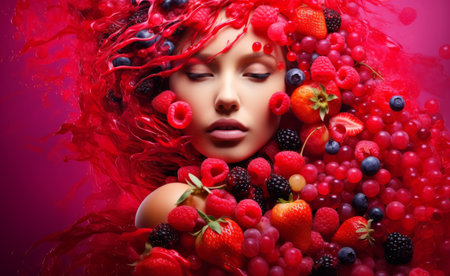 Portrait of a beautiful model with fresh exotic fruits. Skin and hair product. Organic cosmeticsの素材