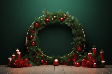 An empty Christmas product display podium with festive wreath decorationsの素材