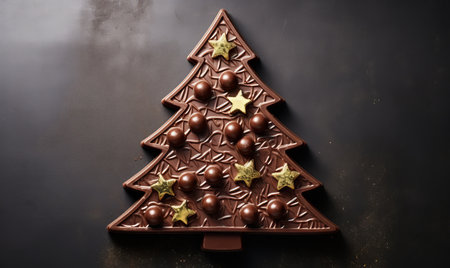 Overhead view of a delicious chocolate christmas tree on a plateの素材