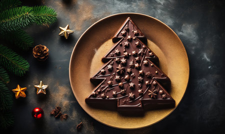 Overhead view of a delicious chocolate christmas tree on a plateの素材