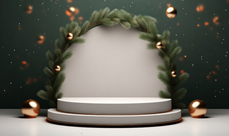 An empty Christmas product display podium with festive tree branch decorationsの素材