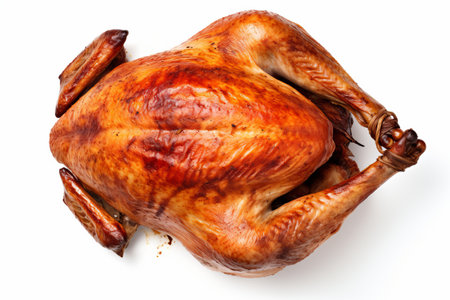 Overhead top view or a fresh roast turkey or chicken isolated on a plain backgroundの素材