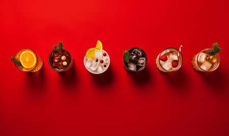 Overhead top down view of christmas cocktails on a barの素材