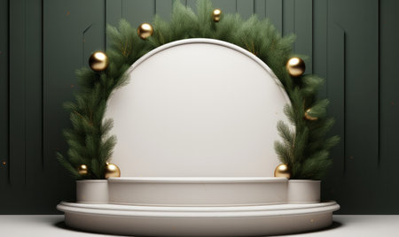 An empty Christmas product display podium with festive tree branch decorationsの素材