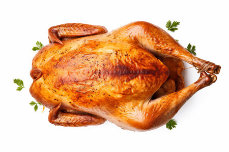 Overhead top view or a fresh roast turkey or chicken isolated on a plain backgroundの素材