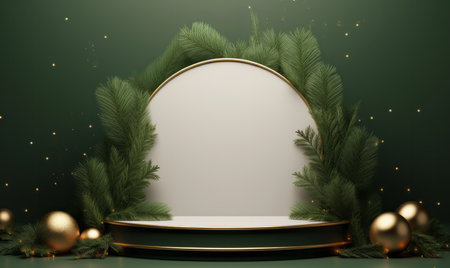 An empty Christmas product display podium with festive tree branch decorationsの素材
