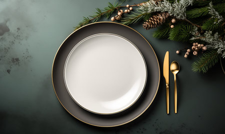 Christmas dinner place setting.Overhead view of a Festive holiday dining tableの素材