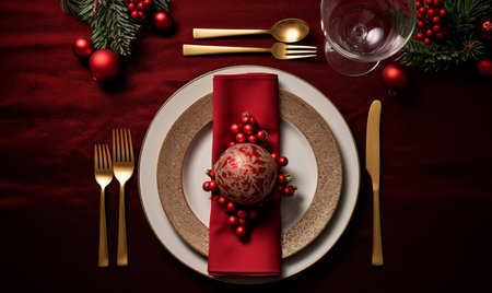 Christmas dinner place setting.Overhead view of a Festive holiday dining tableの素材