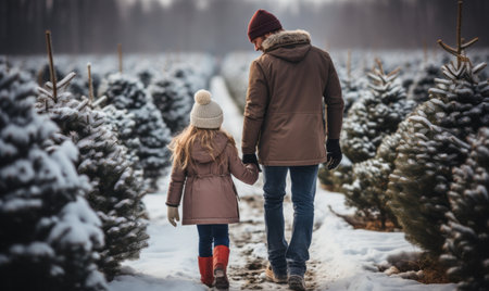A father and daughter choosing a christmas tree at a Christmas tree farm in Decemberの素材