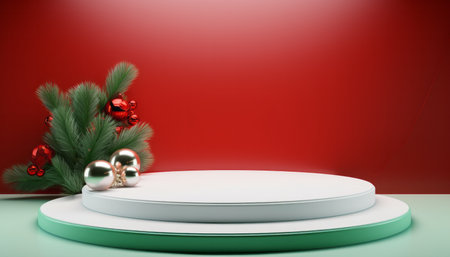 Christmas product display podium with festive decorationsの素材