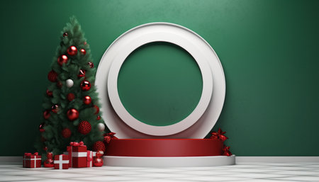 Christmas product display podium with festive decorationsの素材