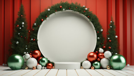 Christmas product display podium with festive decorationsの素材