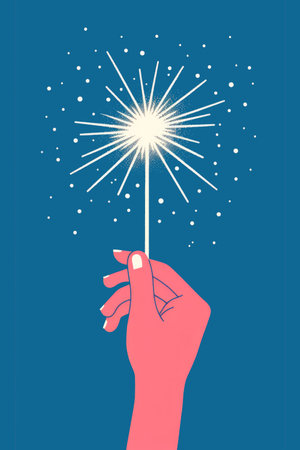 A hand holding a celebration sparkler firework. Hand drawn illustration styleの素材