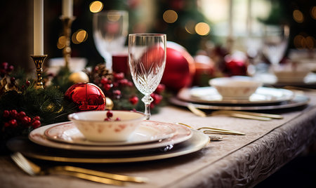 Christmas day dinner table setting. Christmas festive meal with red decorationsの素材
