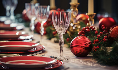 Christmas day dinner table setting. Christmas festive meal with red decorationsの素材