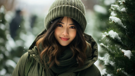 Portrait of an asian female in winter wearing warm clothes standing and looking at cameraの素材