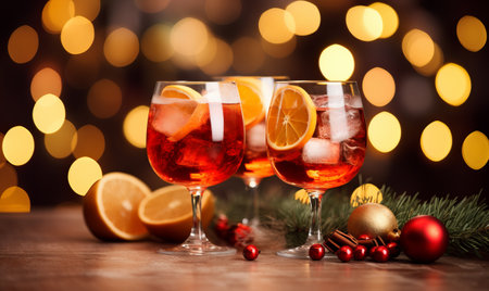 Christmas festive cocktails with holiday bokeh lights backgroundの素材