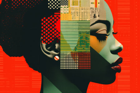 Black history month abstract portrait of a beautiful black woman, graphic shapes pan african colorsの素材