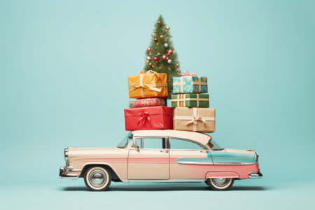 A classic vintage style car carrying festive gifts, presents and Christmas tree on its roofの素材
