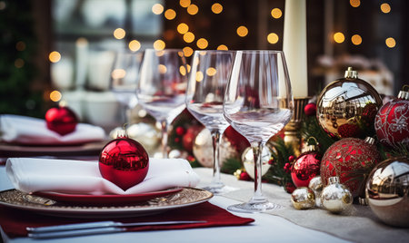 Christmas day dinner table setting. Christmas festive meal with red decorationsの素材