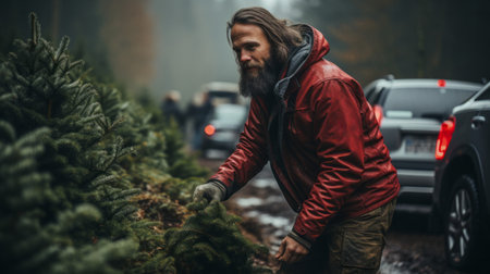 A young man putting a Christmas tree in their car to take home and decorateの素材