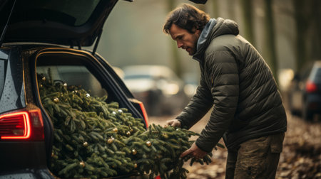 A young man putting a Christmas tree in their car to take home and decorateの素材