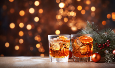 Christmas festive cocktails with holiday bokeh lights backgroundの素材