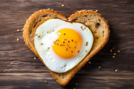 A fried egg on a heart shaped slice of toastの素材