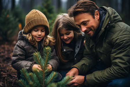 A father and daughter choosing a christmas tree at a Christmas tree farm in Decemberの素材