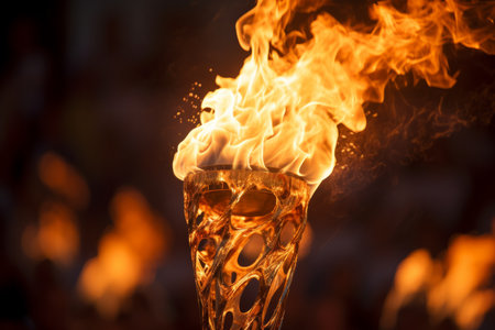 close up of a flaming olympic opening ceremony torchの素材